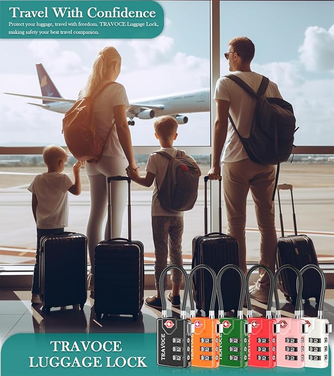 Search Alert TSA Approved Travel Combination Luggage Cable Locks for Suitcase, Gym Locker,Toolbox,Backpack 1,2,4,6 &10 pk (Three Colors)