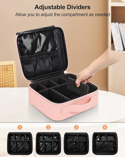 Relavel Travel Makeup Train Case Cosmetic Case Organizer Portable Artist Storage Bag with Adjustable Dividers for Cosmetics Makeup Brushes Toiletry Jewelry Digital Accessories (Pink)