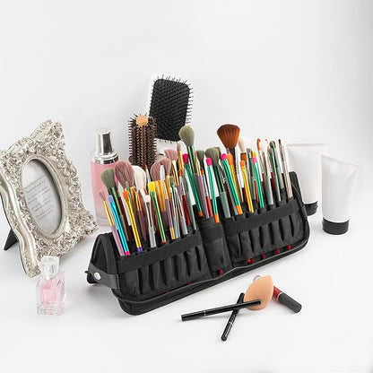 Makeup Brush Organizer Bag Standing Makeup Brushes Holder Travel Case, Professional Portable Cosmetic Storage Bag Foldable Makeup Brush Wrap Case for Men Women Artist Gift (Black)