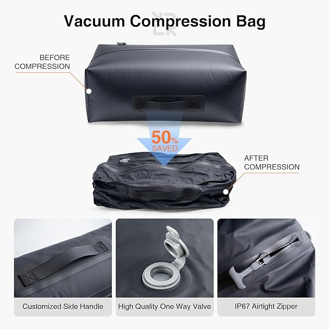 2 PC Travel Vacuum Bags with Pump, IP67 Reusable Vacuum Compression Bags for Travel, Business Trips, Hiking, Camping, Water Activities, Vacuum Seal Bags for Clothing