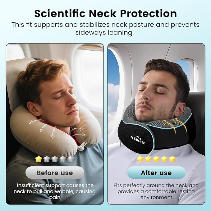 Upgraded Neck Pillow for Airplane Travel - 360° Support Stops Head Bobbing, Memory Foam Travel Pillow With Eye Mask & Earplugs, Portable Carry Bag for Long Flights/Car| Best Airplane Accessories Black