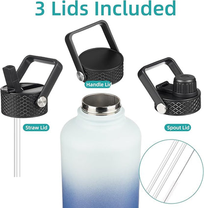 Half Gallon Insulated Water Bottle with Straw,64 oz 3 Lids Water Jug with Carrying Bag,Paracord Handle, Double Wall Vacuum Stainless Steel Metal Flask,Sky
