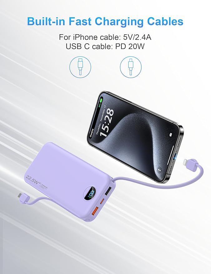 Portable Charger with Wall Plug, 12000mAh USB C Power Bank Fast Charging, External Battery Pack with Built in Cables, Digital Display, 5 Output 4 Input for iPhone Android Cell Phone Tablet