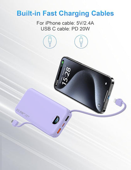 Portable Charger with Wall Plug, 12000mAh USB C Power Bank Fast Charging, External Battery Pack with Built in Cables, Digital Display, 5 Output 4 Input for iPhone Android Cell Phone Tablet
