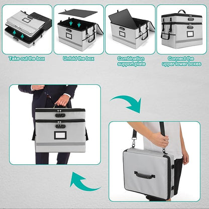 2 Layer File Box with Lock, Portable Document Organizer Box with Handle, Fireproof File Box for Home Office, Legal File Organizer Storage