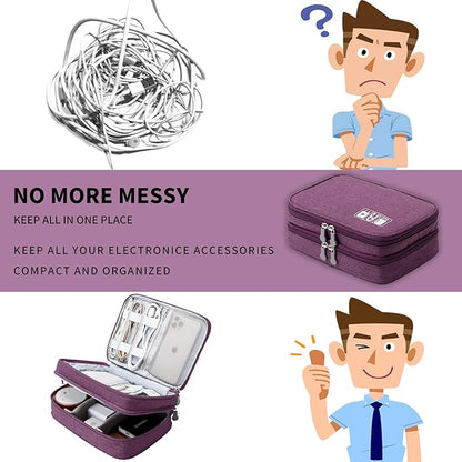 mygreen Electronics Travel Organizer Storage Bag, Double Layer Universal Traveling Gear Accessories Carrying Cover Pouch for iPad Mini Cables Phone Chargers Adapter Flash Hard Drive and More Purple