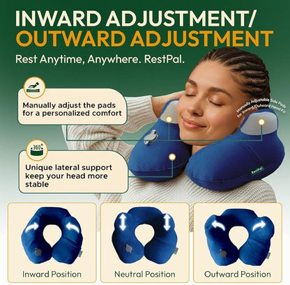 Adjustable Memory Foam Sides Inflatable Travel Neck Pillow | Super Soft, Compact & Portable Neck Support Pillow (Navy Blue, Standard)