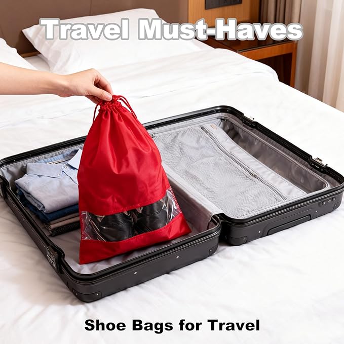20 Pack Shoe Bags for Travel, 17" x 12.6" Drawstring Shoe Organizers with Clear Window, Breathable Non-Woven Dustproof Pouches for Luggage & Closet (Red)