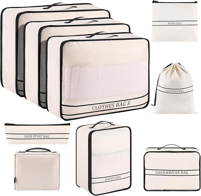 9 Set Packing Cubes Luggage Packing Organizers for Travel Accessories Space Saving Travel Bags for Carry On, Lightweight Mesh Zipper, Clothes, Shoes, Laundry and Shoe Bag, Suitcases (Cream)