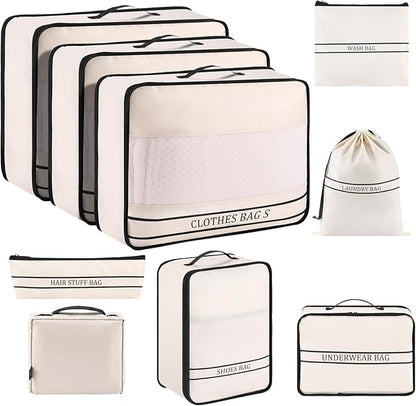 9 Set Packing Cubes Luggage Packing Organizers for Travel Accessories Space Saving Travel Bags for Carry On, Lightweight Mesh Zipper, Clothes, Shoes, Laundry and Shoe Bag, Suitcases (Cream)