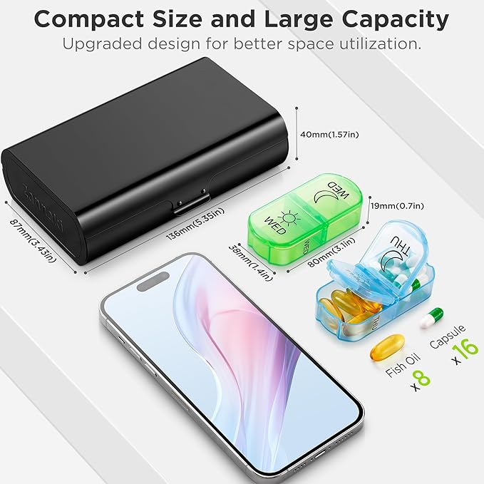 Zannaki Metal XL Weekly Pill Organizer 2 Times a Day, Large Travel Daily Pill Box 7 Day, Portable Week Twice Pill Holder Container, AM PM Pill Case for Medicine Vitamin Medication Supplement, Black