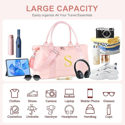 Personalized Initial Gym Dance Bag, Travel Duffel Bag for Teen Girls, Carry On Bag Overnight Weekender Bag with Trolley Sleeve, Birthday Gifts for Women Mom Daughter Graduation Gift(Letter S, Pink)