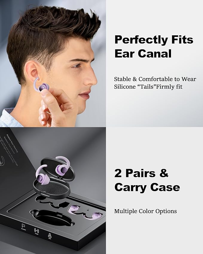 Ear Plugs for Sleeping - Noise Reduction Soft Silicone Earplugs, 2 Pairs Reusable Hearing Protection Earplugs for Noise Sensitivity, Sleep,Travel,Sound Reduction Noise Cancelling - Purple