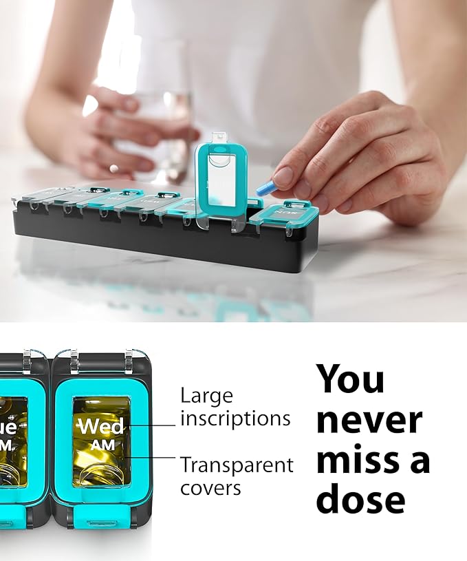 Weekly Pill Organizer 1 time a Day – Pill Box 7 Day with Enhanced Waterproof Seal, Large compartments Hold Big Vitamins & Supplements, Upgraded Locking lids, for Home & Travel use, Durable Hard case