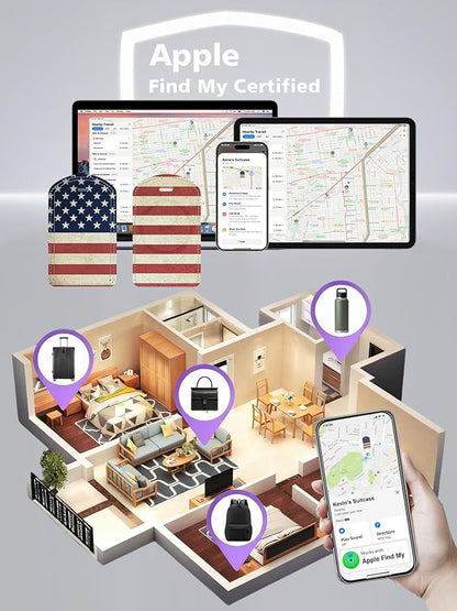 Luggage Tags Built-in Anti-Loss Tracker, Luxury Leather Luggage Tags for Suitcase, Travel Bags, Backpacks, Travel Organizer for Lost Baggage Prevention (US Flag)