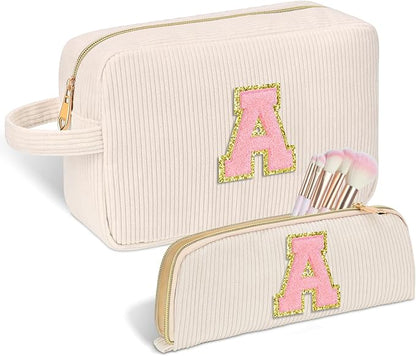 Personalized Initial Makeup Bag Trendy Stuff Corduroy Cosmetic Bag Travel Toiletry Bag, Christmas/Thanksgiving/Halloween Gifts Makeup Organizer Case for Women Girls Mom Girlfriend Wife - White
