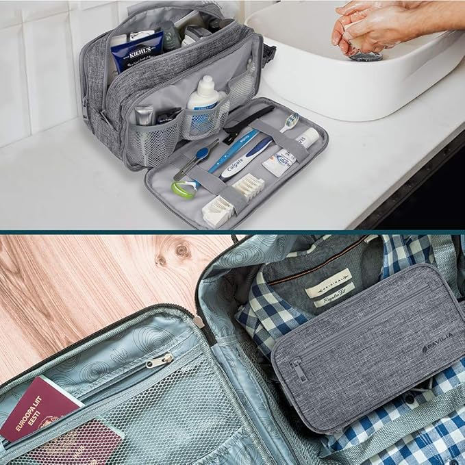PAVILIA Toiletry Bag for Men, Travel Pouch Essentials Shaving Dopp Kit, Travel Bag Toiletries Organizer Case, Cosmetic Make Up Accessory, Water Resistant