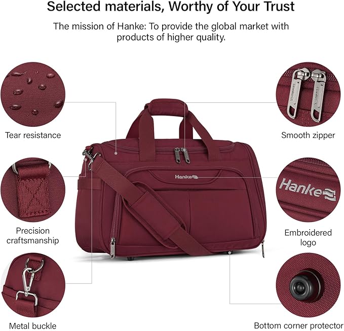 Hanke Carry On luggage Bags for Travel, Large Foldable Duffle Bag for Travel, Softside Lightweight Travel Bag Carry On Bags for Airplanes Women, Travel Tote Bags for Women Men.（Burgundy）