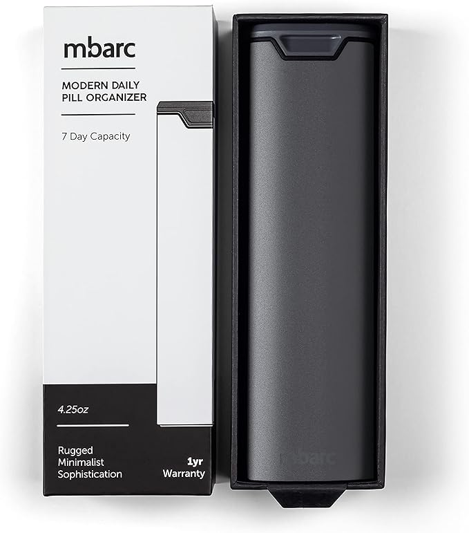 7 Day Weekly Pill Organizer 2.0 by mbarc - Premium Stylish Aluminum and Wood Large Capacity Pill Box for Supplements, Pills, Vitamins and Medication. (Steel Grey)