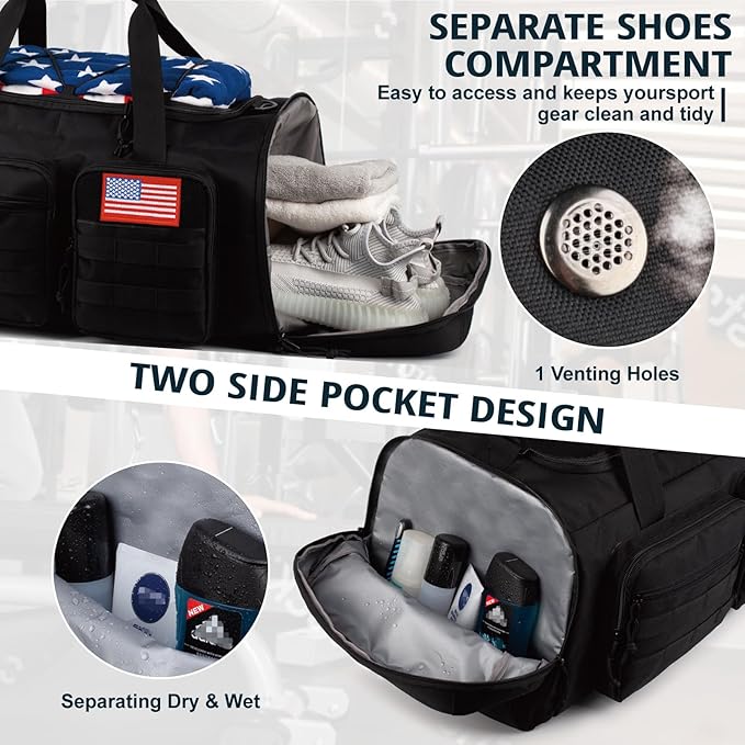 Tactical Gym Bag for Men，70L Large 3 in 1 Sports Duffle Bag with Shoes Compartment for Travel,Water Resistant Travel Backpack Weekender Overnight Bag with Wet Pocket for Women