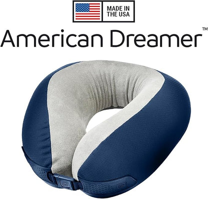 American Dreamer, Deluxe Travel Pillow, Comfortable Memory Foam Neck Pillow for Uninterrupted Sleep, Ideal for Airplane, Bus, Car, and Train, Travel Essentials, Made in USA, Dark Blue