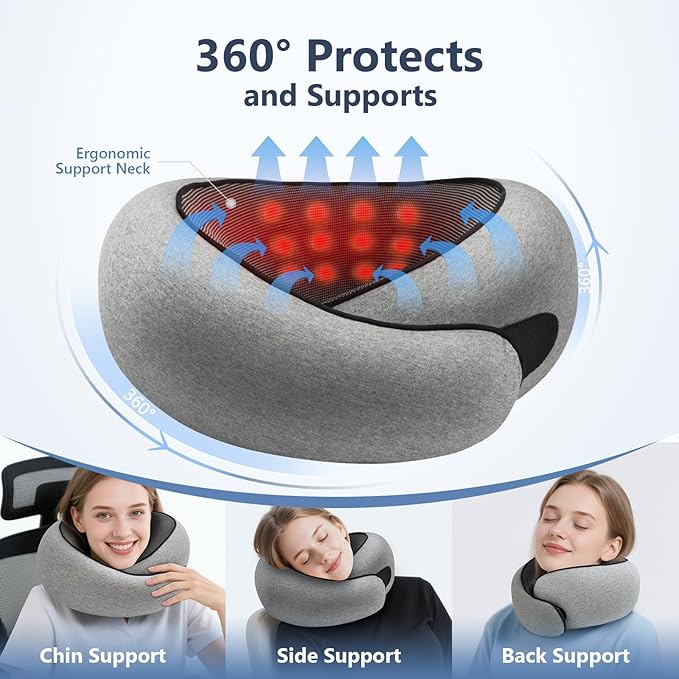 Advanced Memory Foam Neck Travel Pillow, Neck Pillow Airplane with Eye Mask & Ear Plugs, Designed for The Comfort of Travel & Office, Travel Pillow for Plane, Car, Home, Work, Grey