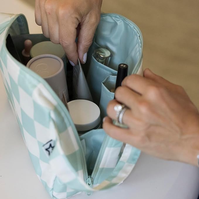 Tiny Twinkle Waterproof Travel Toiletry & Makeup Bag Organizer | Large Capacity Cosmetic Case with Compartments & Handle, A Thoughtful Travel Companion for Women（Sage Checkers