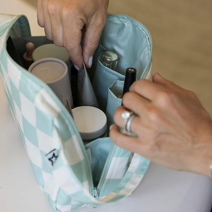 Tiny Twinkle Waterproof Travel Toiletry & Makeup Bag Organizer | Large Capacity Cosmetic Case with Compartments & Handle, A Thoughtful Travel Companion for Women（Sage Checkers