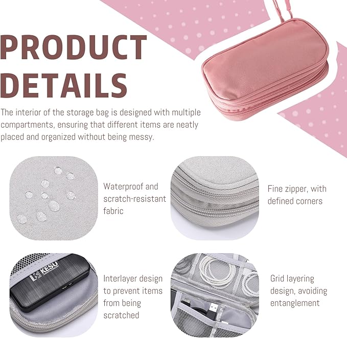 Electronic Organizer Double Layer, Water Resistant Cable Organizer Bag for Travel Essentials, Cord, Charger, Phone, Earphone, Large Size,Accessories Travel Essentials (Pink, Double-Layer)