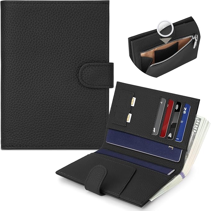 Genuine Leather Passport Holder for Women Men, Hidden Airtag Pocket, RFID Blocking, Zippered Coins Pocket & Cash Compartment Travel Gifts Essentials Passport Cover Case - Black