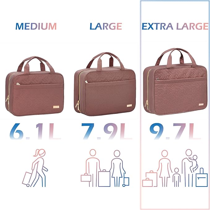 NISHEL Travel Toiletry Bag for women, Portable Hanging Organizer for Family-Sized Shampoo, Conditioner, Brushes Set, Makeup Accessories, Extra Large Size, Rosewood-Pink