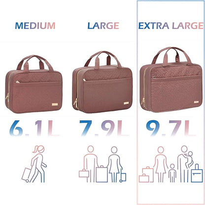 NISHEL Travel Toiletry Bag for women, Portable Hanging Organizer for Family-Sized Shampoo, Conditioner, Brushes Set, Makeup Accessories, Extra Large Size, Rosewood-Pink