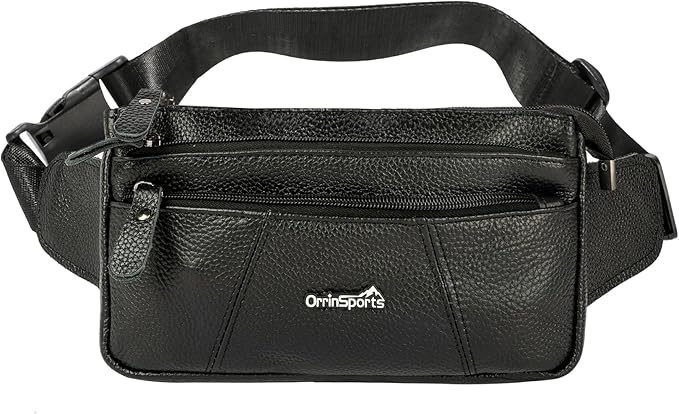 Genuine Leather Fanny Pack For Men and Women Multiple Pockets Waist Bag with Adjustable Strap for Outdoors Workout Traveling Casual Running Hiking Cycling Black Belt Bag