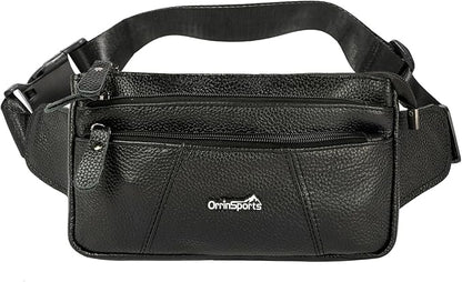 Genuine Leather Fanny Pack For Men and Women Multiple Pockets Waist Bag with Adjustable Strap for Outdoors Workout Traveling Casual Running Hiking Cycling Black Belt Bag