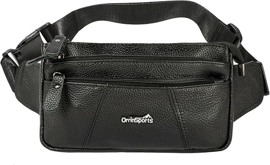 Genuine Leather Fanny Pack For Men and Women Multiple Pockets Waist Bag with Adjustable Strap for Outdoors Workout Traveling Casual Running Hiking Cycling Black Belt Bag