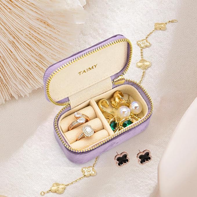 TAIMY Small Travel Jewelry Case, Mini Tiny Plush Velvet Jewelry Box for Women and Girls, Pocket Size Jewelry holder organizer for Rings Earrings and Small Items(Lavender)