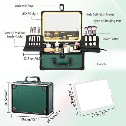 Makeup Case with Lighted Mirror, Makeup Box Organizer with Detachable LED Mirror, Travel Makeup Train Case, Waterproof Cosmetic Organizer, Standing Makeup Brush Holder, Gift, Black Green