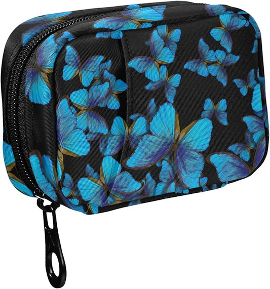 Fustylead Bright Blue Butterflies Travel Pill Organizer Case Zipper for Purse with Removable Weekly Pill Box for Medicine, Vitamin, Supplement Medicine Organizer