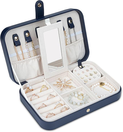 2-Layer Travel Jewelry Box for Women, Portable Jewelry Organizer with Mirror & Removable Dividers, PU Leather Jewelry Case – Gift for Wife, Mom, Girlfriend (Navy White)