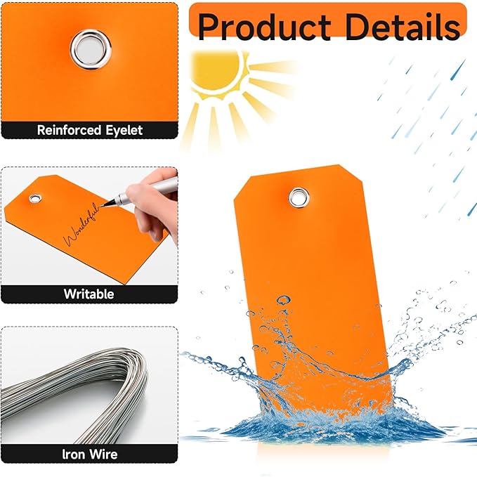 1000 Pieces Plastic Shipping Tags with Wire Labeling Tags Waterproof Hang Tags with Reinforcement Hole Writable Luggage tag Loops for Equipment Inventory Parts Garage (Orange, 4 3/4" x 2 3/8")