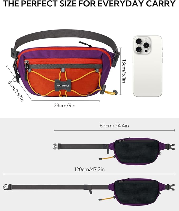 WATERFLY Lightweight Small Fanny Pack: 1.5L Mini Slim Crossbody Waist Belt Hip Bag with RFID Blocking, Anti-Theft & Water Resistant Pouch for Women Men Travel Hiking Running Walking EDC
