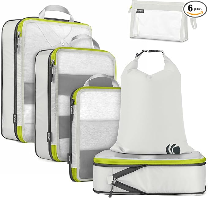 Cipway Compression Packing Cubes, See Through Mesh Luggage Organizer Bags, Travel Essentials for Carry on Suitcase with Laundry Bag and Clear Toiletries Bag（6 Pcs,White）