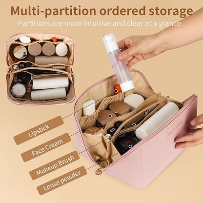 Travel Makeup Bag, Large Capacity Cosmetic Organizer Bags for Women, Waterproof PU Leather Toiletry Bags, Wide Open Flat Makeup Case with Divider and Handle