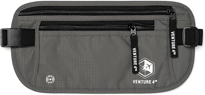 VENTURE 4TH Travel Money Belt - Slim Passport Holder RFID Blocking Travel Pouch to Protect Cash, Credit Cards and Travel Documents (Gray)