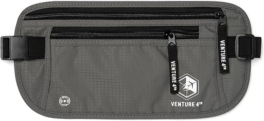 VENTURE 4TH Travel Money Belt - Slim Passport Holder RFID Blocking Travel Pouch to Protect Cash, Credit Cards and Travel Documents (Gray)