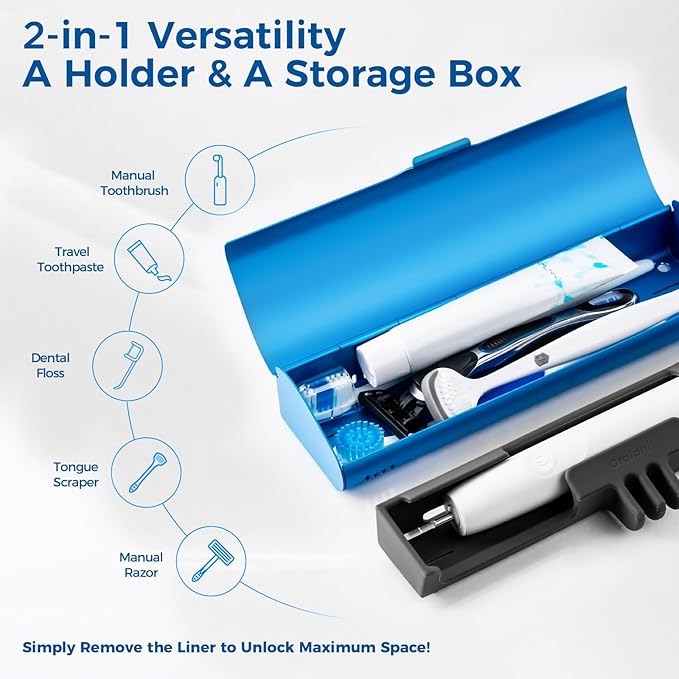 Aluminum Electric Toothbrush Travel Case, 2 in 1 Travel Toothbrush Holder for Oral B/Oral-B Pro 1000 1500 5000 7000 and Most Electric Toothbrush for Traveling, Removable Silicone Liner-Blue