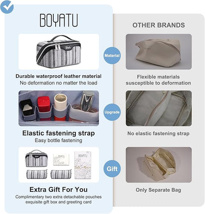 BOYATU Travel Makeup Bag for Women: Large Capacity Open Flat Make up Bag Set of 3 - Vegan Leather Cosmetic Bag with Compartments - Waterproof Toiletry Bag with Handle & Divider(I-2-Black)