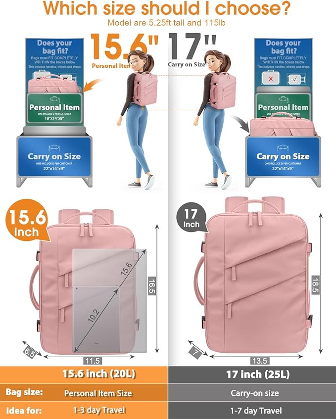 Capolo Travel Backpack for Women Men Waterproof Laptop Backpack Flight Approved Carry On Backpack Overnight Weekender Bag College Bookbag for Business, Work, Traveling Fits 15.6 '' Laptop,Pink