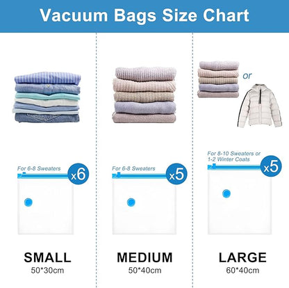 Owfeel 16 Pack Travel Vacuum Bags With Wireless Pump, Portable Compression Bags for Travel, Space Saver Vacuum Seal Bags for Clothing, Luggage, Pillows, Comforters, Reusable & Durable (16 PCS)