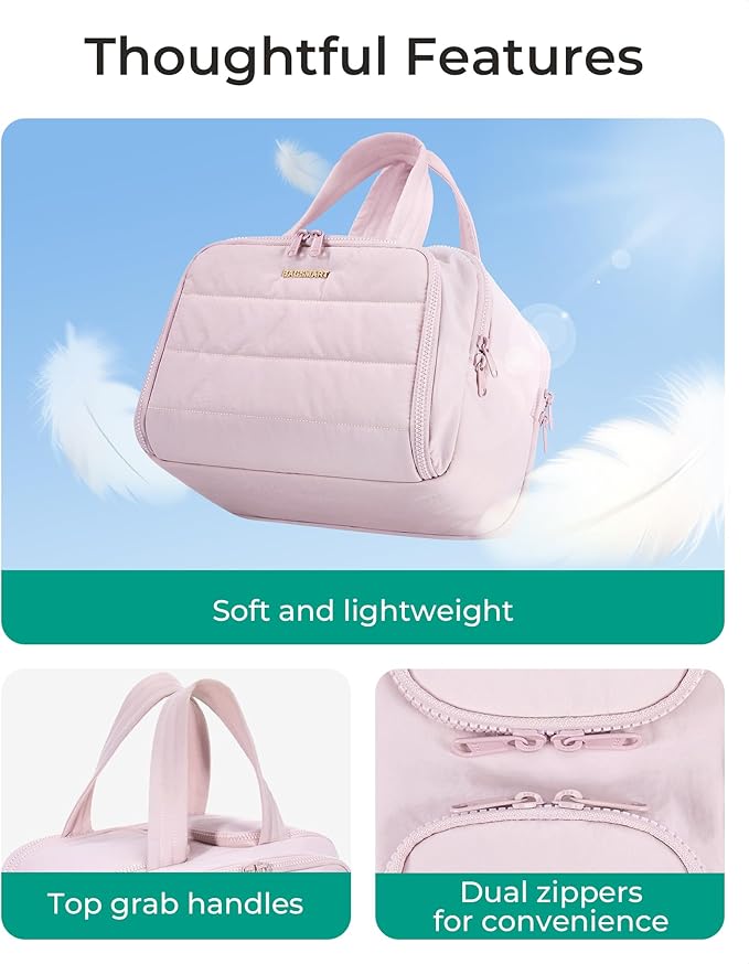 BAGSMART Travel Toiletry Bag, Crush Toiletry Bag for Women, Wide-open Puffy Toiletry Bags for Traveling, Large Travel Cosmetic Makeup Bag Organizer for Accessories,Toiletrie, Pink